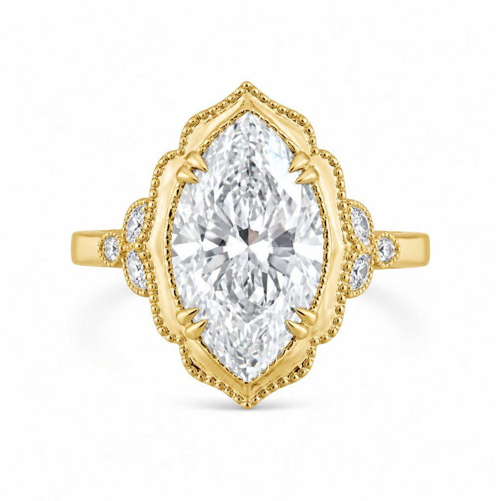 3.41 CT Vintage Marquise Cut Lab-Grown Diamond Engagement Ring in 14K White Gold – Hand-Engraved Victorian Style