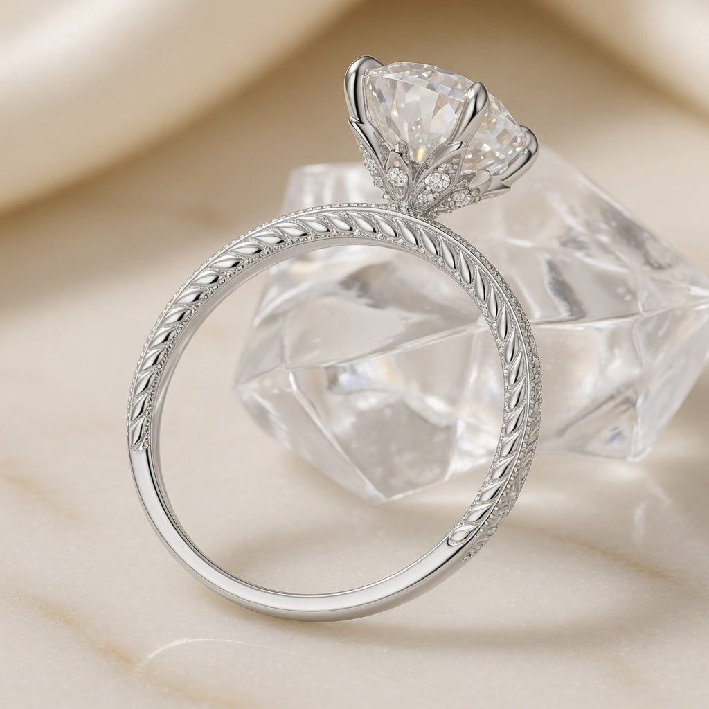 4.00 CT Oval Cut Lab-Grown Diamond Engagement Ring in 14K White Gold – Engraved Victorian Hidden Halo Design