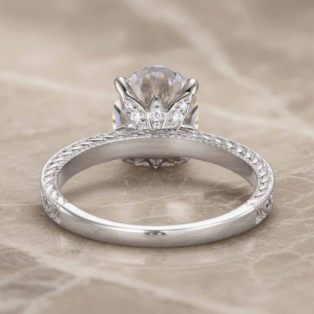 4.00 CT Oval Cut Lab-Grown Diamond Engagement Ring in 14K White Gold – Engraved Victorian Hidden Halo Design