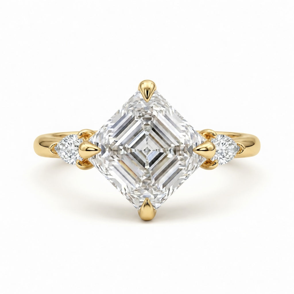2.00 CT Asscher Cut Lab-Grown Diamond Three Stone Engagement Ring in 14K White Gold – Bezel Set IGI Certified Design