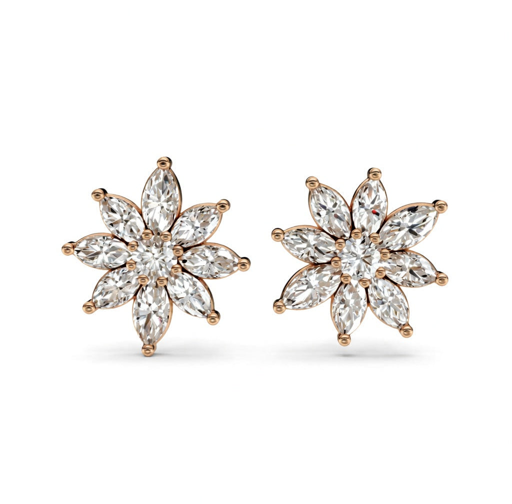 2.15 ct Marquise Round Cut Stud Cluster Diamond Earrings VS1 D White Gold 14k