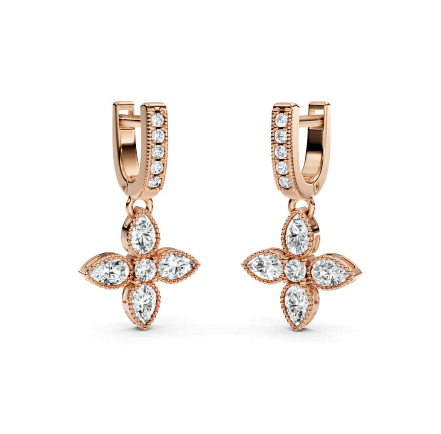 1.02 ct Round Marquise Cut Dangle/Drop Flush Diamond Earrings VS1 D White Gold