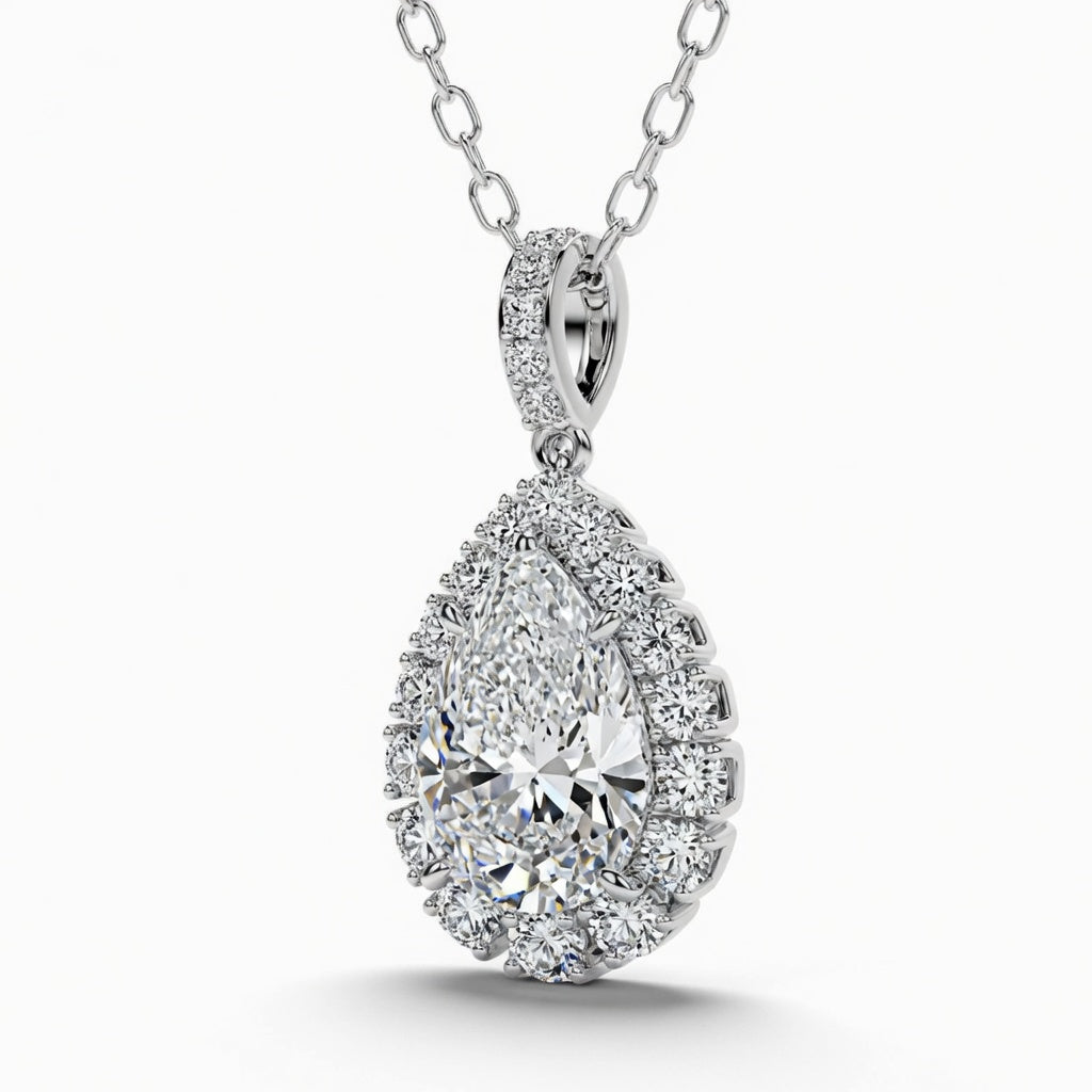 2.00 Carat Pear Cut Lab-Grown Diamond Halo Pendant VS1 D-F 14K White Gold with Adjustable Chain