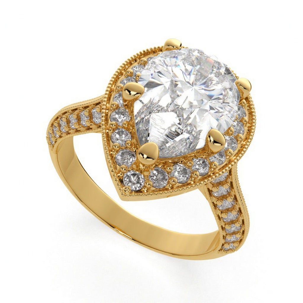 Beatrice 2.45 Carat Pear Cut Halo Pave Knife Edge Milgrain Engagement Ring