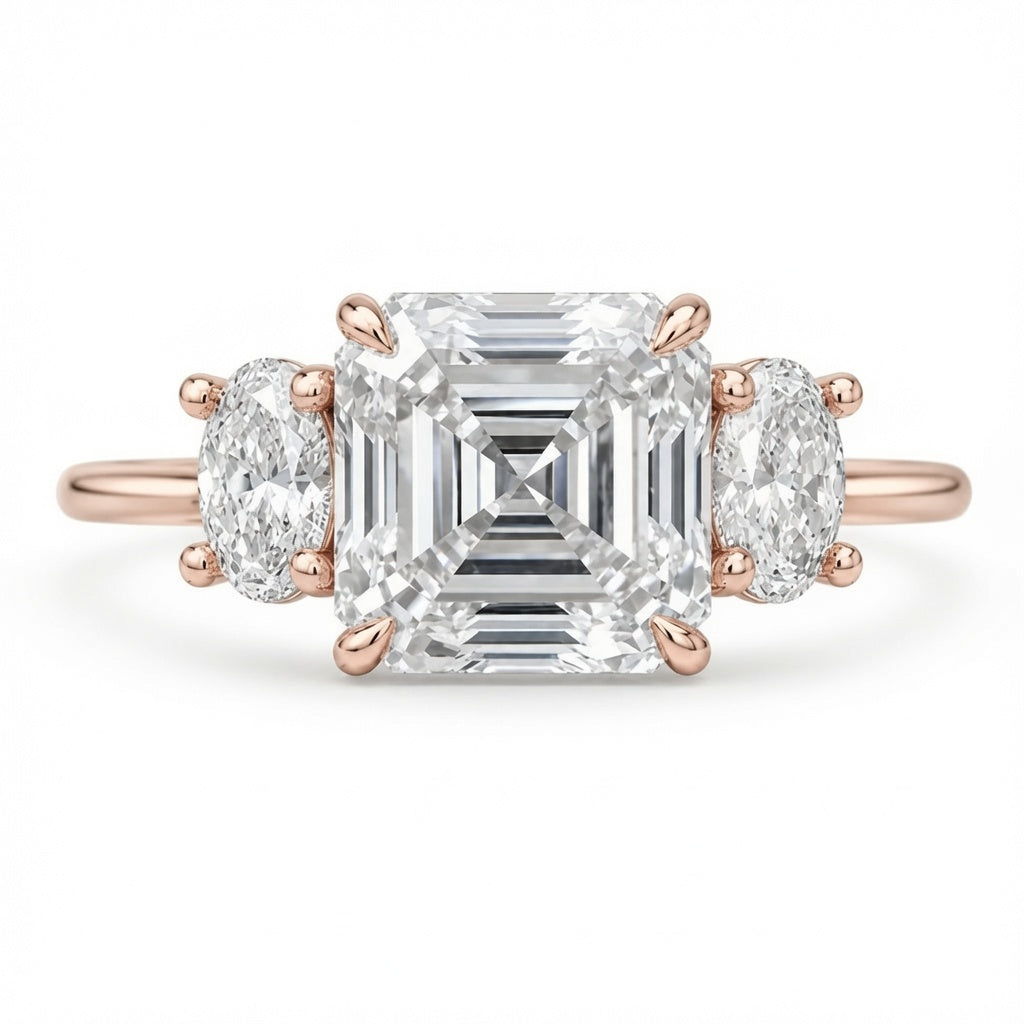 3.09 CT Asscher Cut Lab-Grown Diamond Three Stone Engagement Ring in 14K White Gold – IGI Certified Oval Side Diamond Design