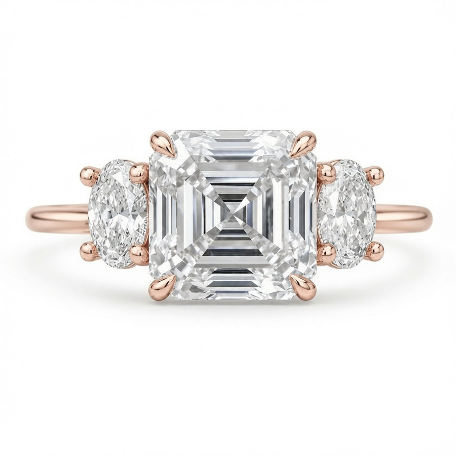 3.09 CT Asscher Cut Lab-Grown Diamond Three Stone Engagement Ring in 14K White Gold – IGI Certified Oval Side Diamond Design
