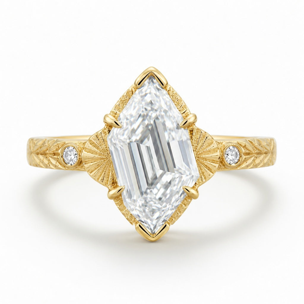3.00 CT Edwardian Art Deco Lab-Grown Diamond Engagement Ring in 14K White Gold – Flame Cut Vintage Engraved Design
