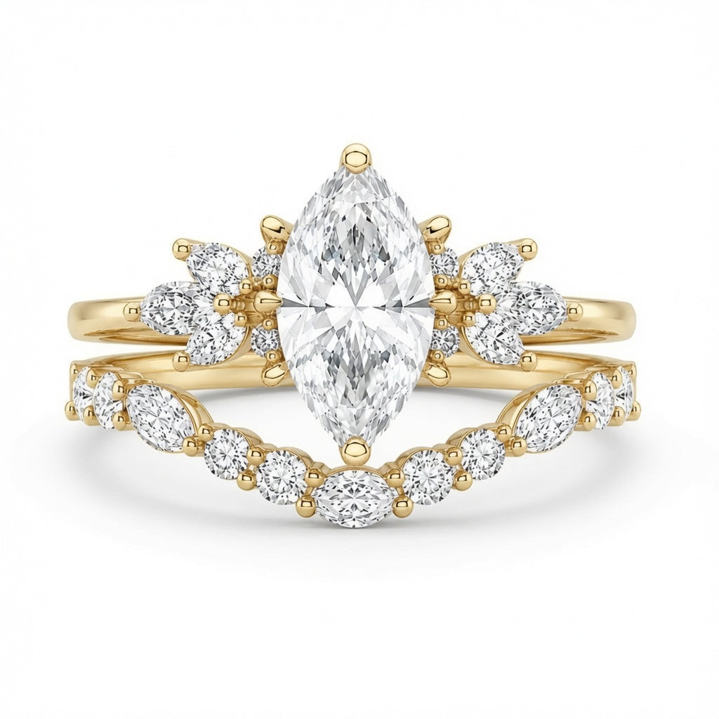 3.00 CT Marquise Lab-Grown Diamond 2PCS Bridal Set in 14K White Gold – Cluster Wedding Band Engagement Ring Design