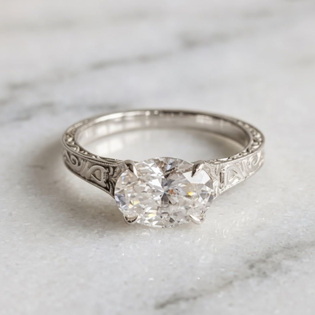 1.50 CT Vintage East West Oval Lab-Grown Diamond Engagement Ring in 14K White Gold – Custom Filigree Engraved Claw Prong Design