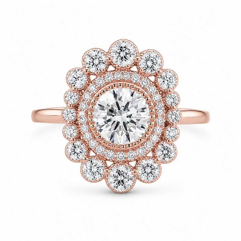 2.00 CT Round Cut Lab-Grown Diamond Double Halo Engagement Ring in 14K White Gold – Vintage Art Deco Flower Cluster Design