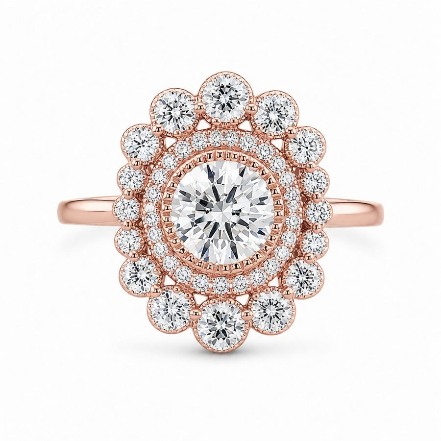 2.00 CT Round Cut Lab-Grown Diamond Double Halo Engagement Ring in 14K White Gold – Vintage Art Deco Flower Cluster Design