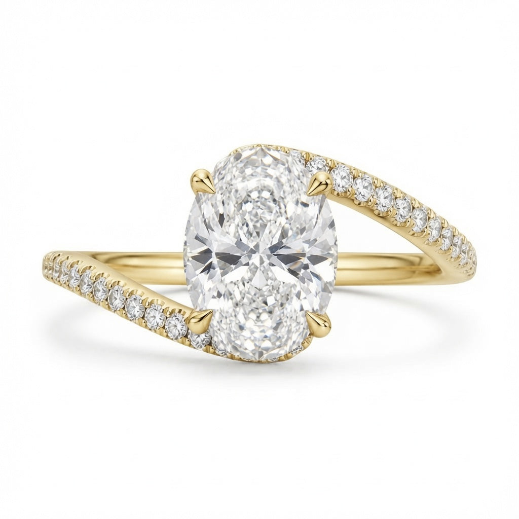 3.00 CT Oval Lab-Grown Diamond Hidden Halo Engagement Ring in 14K White Gold – Twisted Bypass Pavé Design | IGI Certified