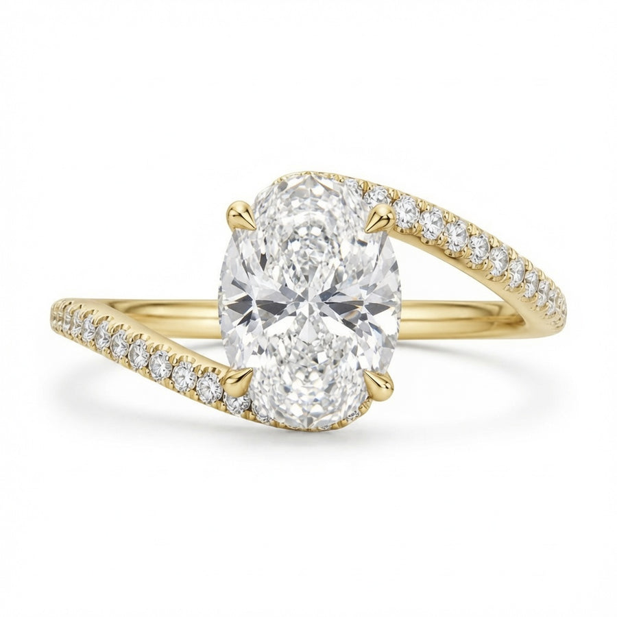 3.00 CT Oval Lab-Grown Diamond Hidden Halo Engagement Ring in 14K White Gold – Twisted Bypass Pavé Design | IGI Certified