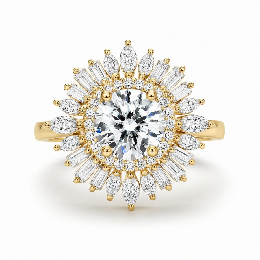 4.00 CT Round Lab-Grown Diamond Double Halo Wedding Ring in 14K White Gold – Sunburst Floral Cocktail Design