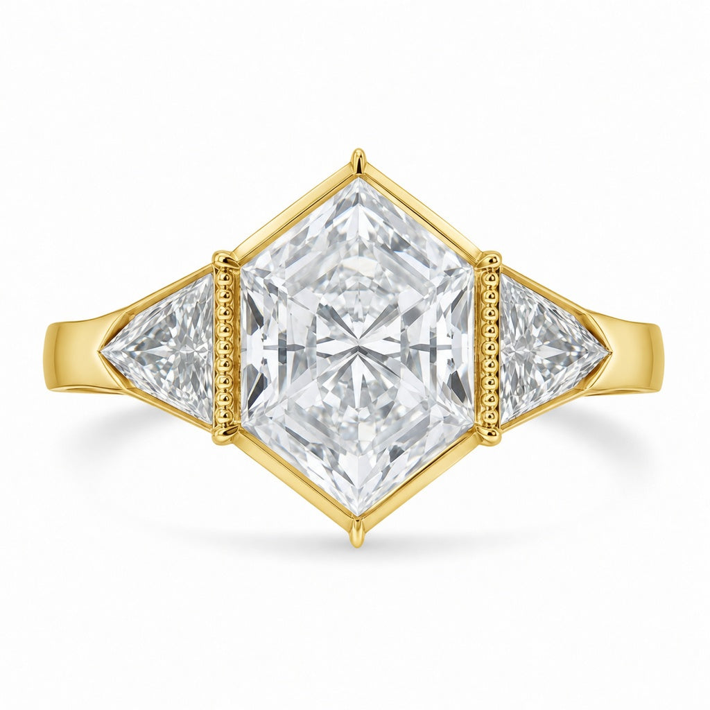 2.80 CT Elongated Hexagon Cut Lab-Grown Diamond Engagement Ring in 14K White Gold – Vintage Milgrain Hand-Engraved Art Deco Design