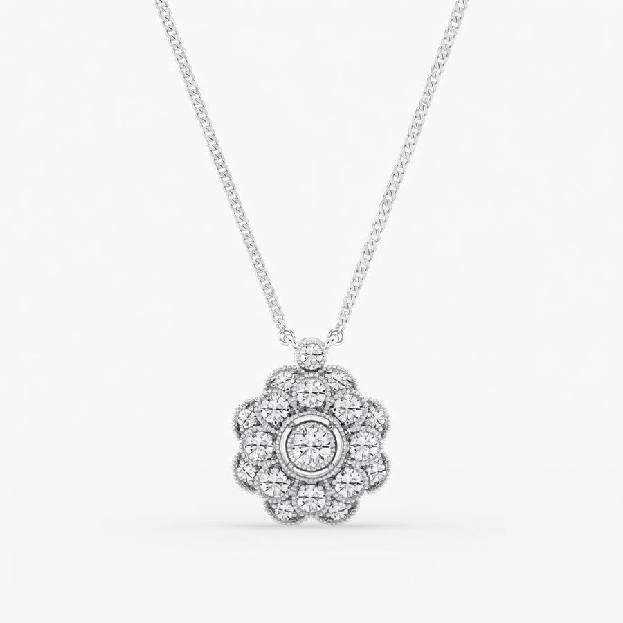 14K White Gold Vintage Floral Milgrain Lab-Grown Diamond Pendant (1.25 CTW – D–F / VS1–VS2)