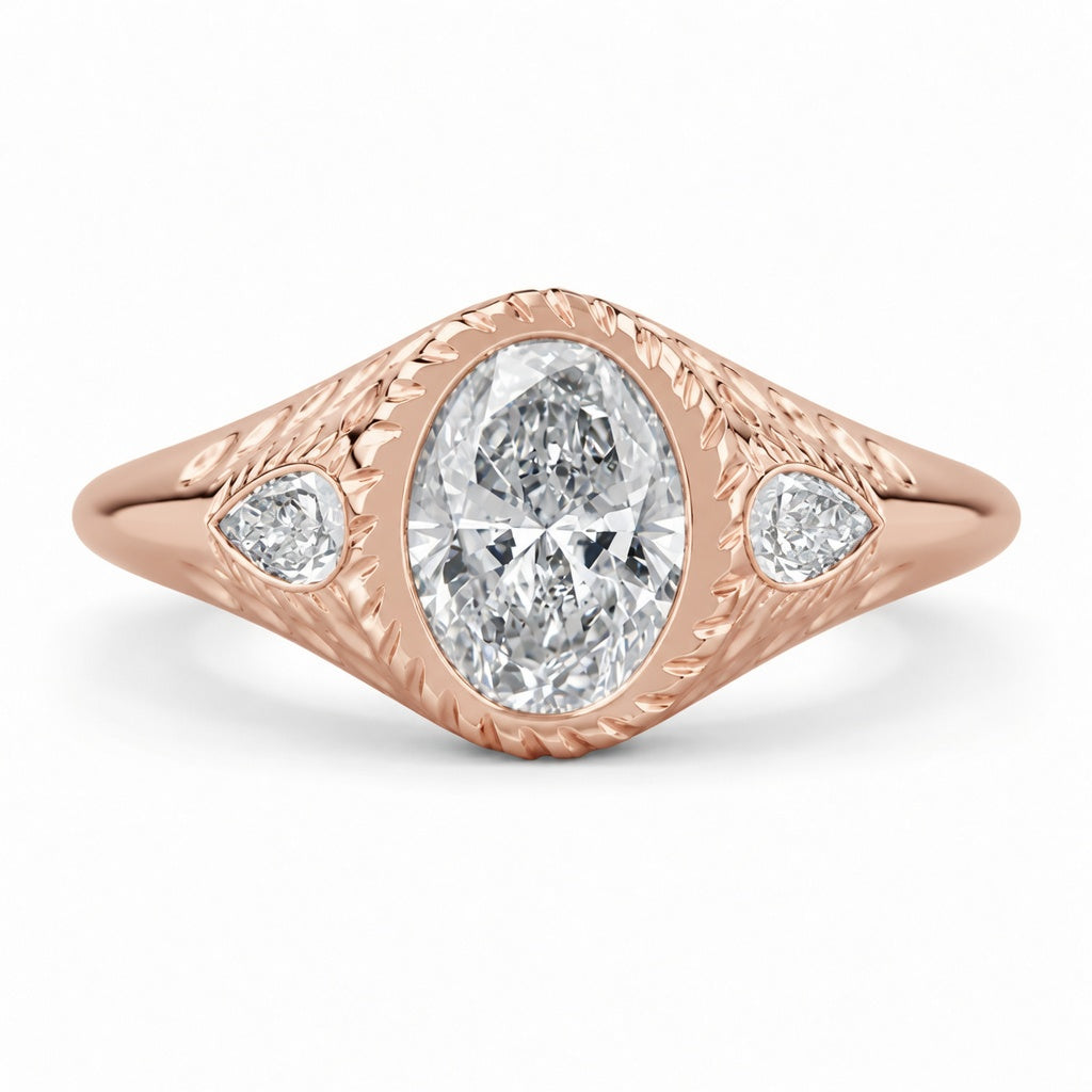 4.00 CT Oval Cut Lab-Grown Diamond Three-Stone Engagement Ring in 14K White Gold – Pear Side Diamond Design