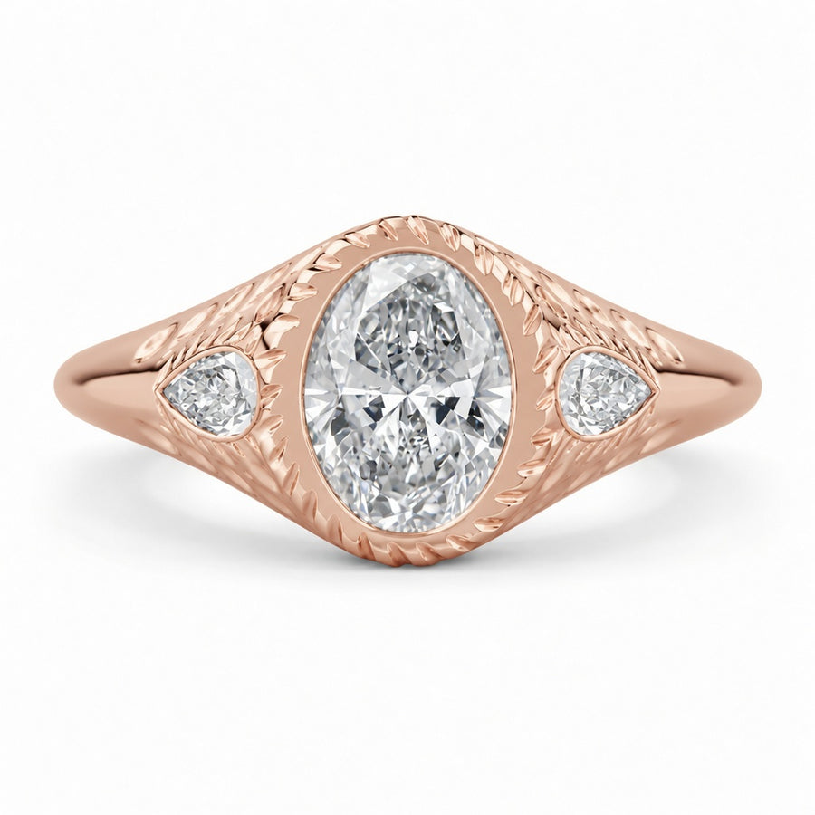 4.00 CT Oval Cut Lab-Grown Diamond Three-Stone Engagement Ring in 14K White Gold – Pear Side Diamond Design