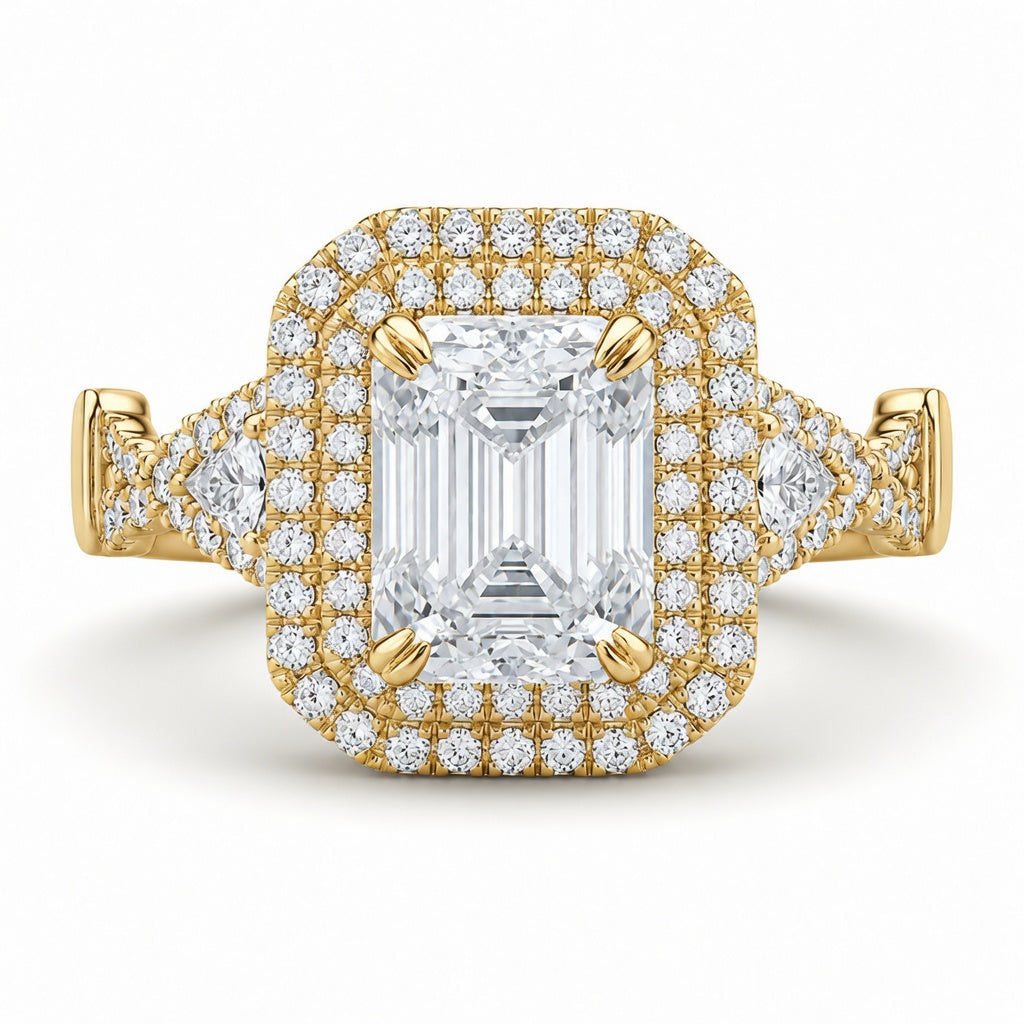 2.50 CT Emerald Cut Lab-Grown Diamond Double Halo Engagement Ring in 14K White Gold – Triangle Side Stone Twisted Shank Design