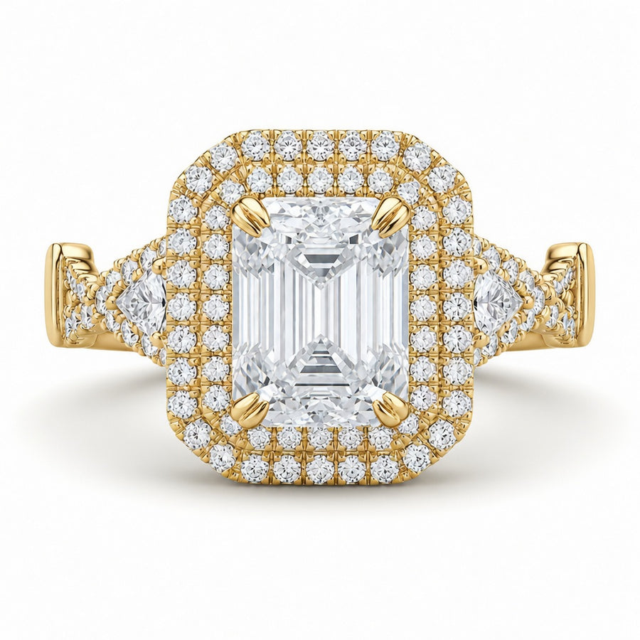 2.50 CT Emerald Cut Lab-Grown Diamond Double Halo Engagement Ring in 14K White Gold – Triangle Side Stone Twisted Shank Design