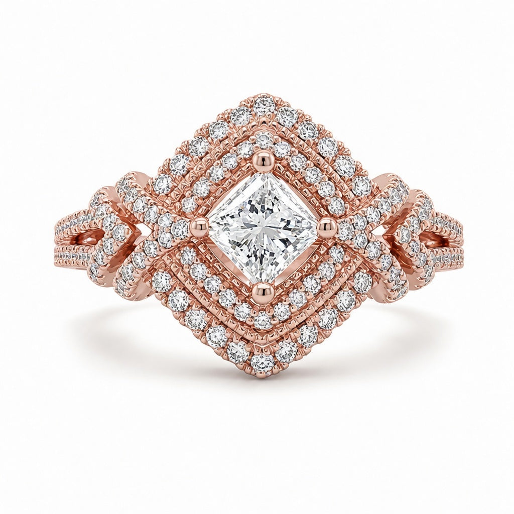1.50 CT Princess Cut Lab-Grown Diamond Double Halo Engagement Ring in 14K White Gold – Round Diamond Bridal Design