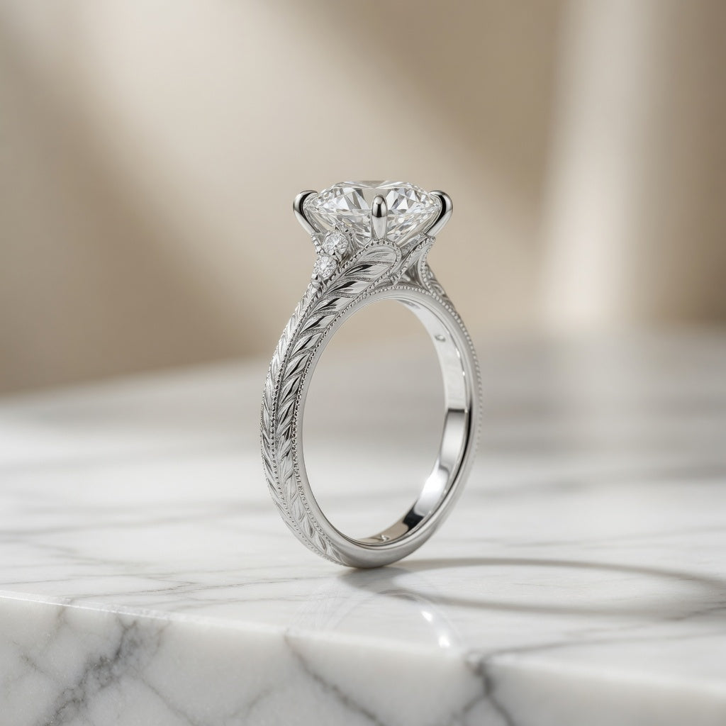 5.00 CT Oval Lab-Grown Diamond Engagement Ring in 14K White Gold – Hand-Engraved Wheat Leaf Design