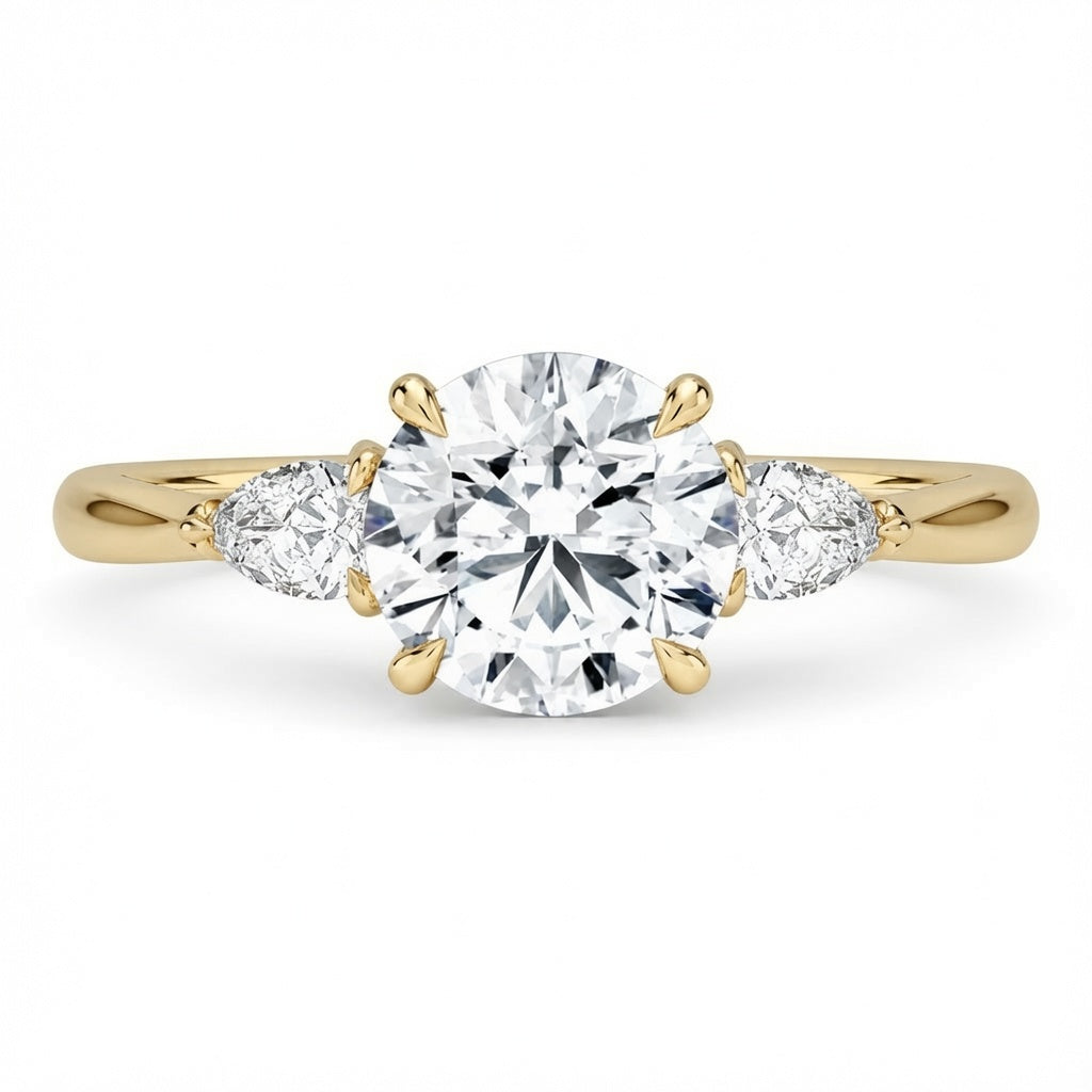 2.00 CT Pear Lab-Grown Diamond Hidden Halo Three Stone Engagement Ring in 14K White Gold – Petal Inspired Botanical Design