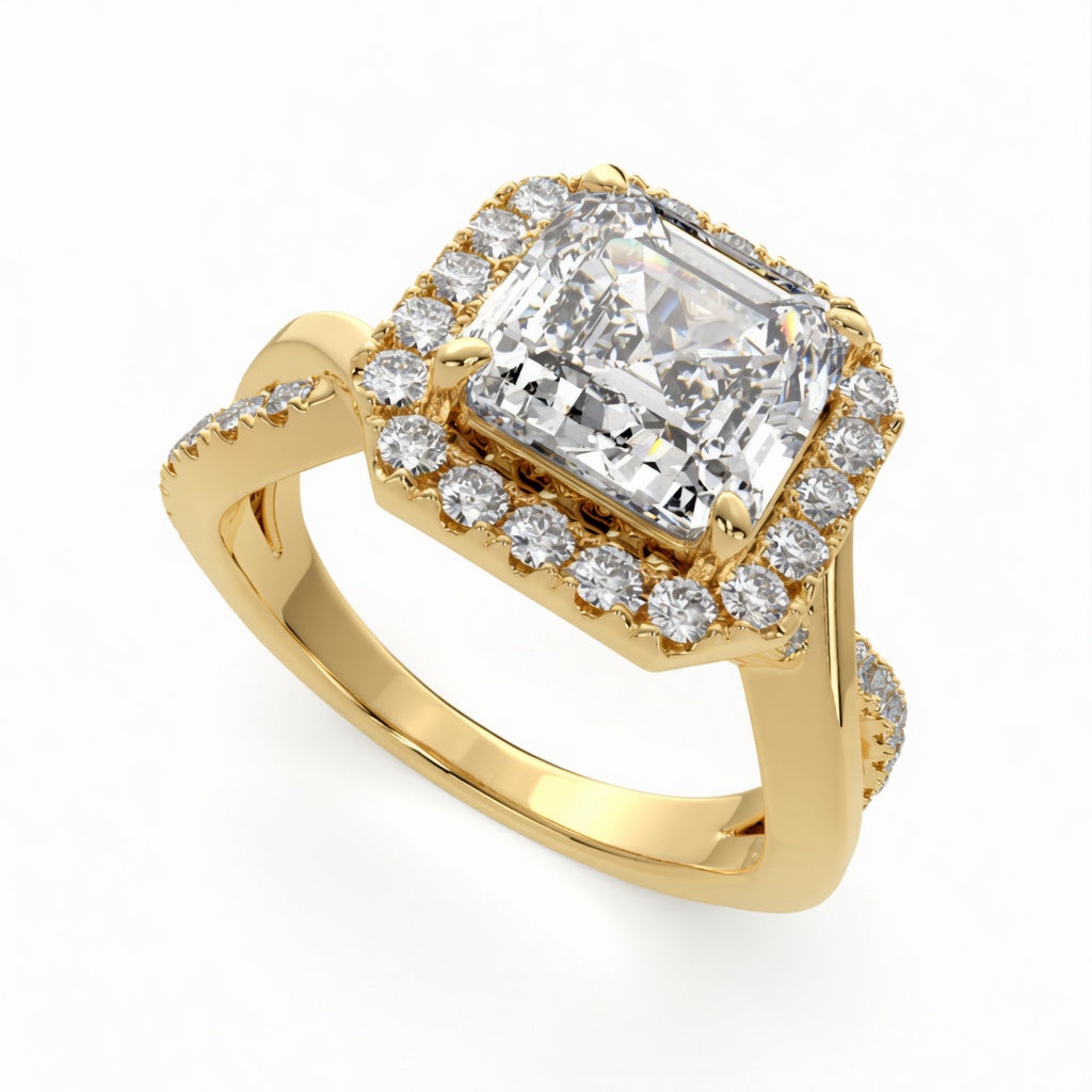 Celestina 2.35 Carat Emerald Cut Halo Pave Split Shank Engagement Ring