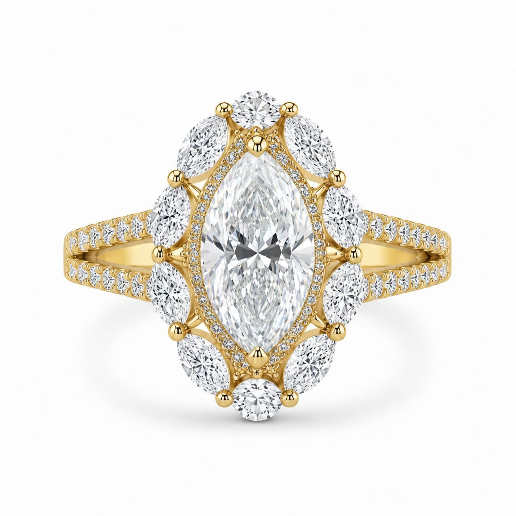 5.00 CT Marquise Cut Lab-Grown Diamond Double Halo Engagement Ring in 14K White Gold – Art Deco Split Shank Cocktail Design