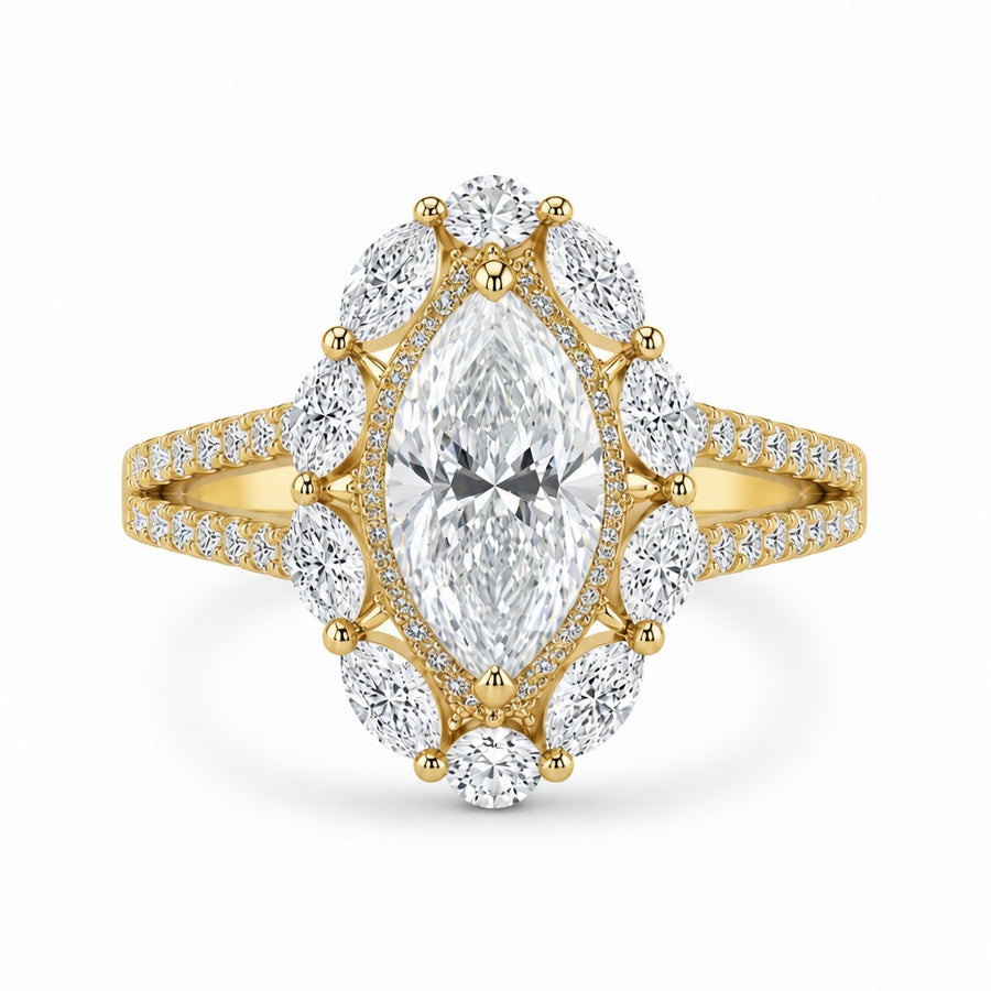5.00 CT Marquise Cut Lab-Grown Diamond Double Halo Engagement Ring in 14K White Gold – Art Deco Split Shank Cocktail Design