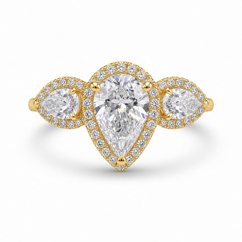 3.10 CT Pear Cut Lab-Grown Diamond Three-Stone Engagement Ring in 14K White Gold – Pear & Round Side Stone Design