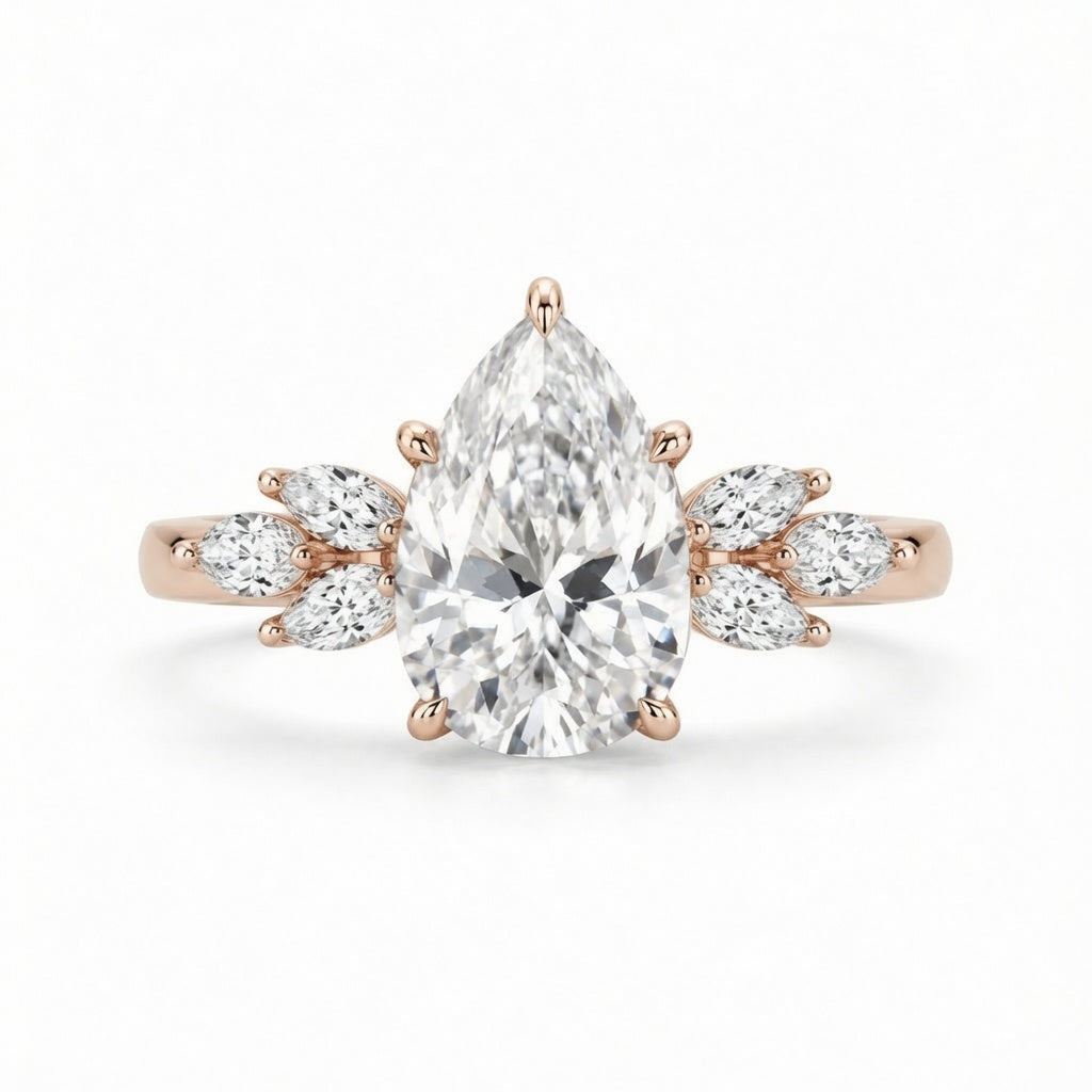 2.50 CT Pear Cut Lab-Grown Diamond Hidden Halo Engagement Ring in 14K White Gold – Marquise Accent Bridal Design