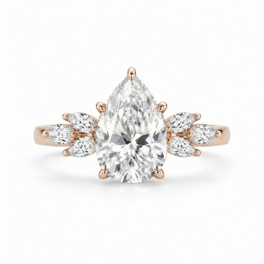 2.50 CT Pear Cut Lab-Grown Diamond Hidden Halo Engagement Ring in 14K White Gold – Marquise Accent Bridal Design