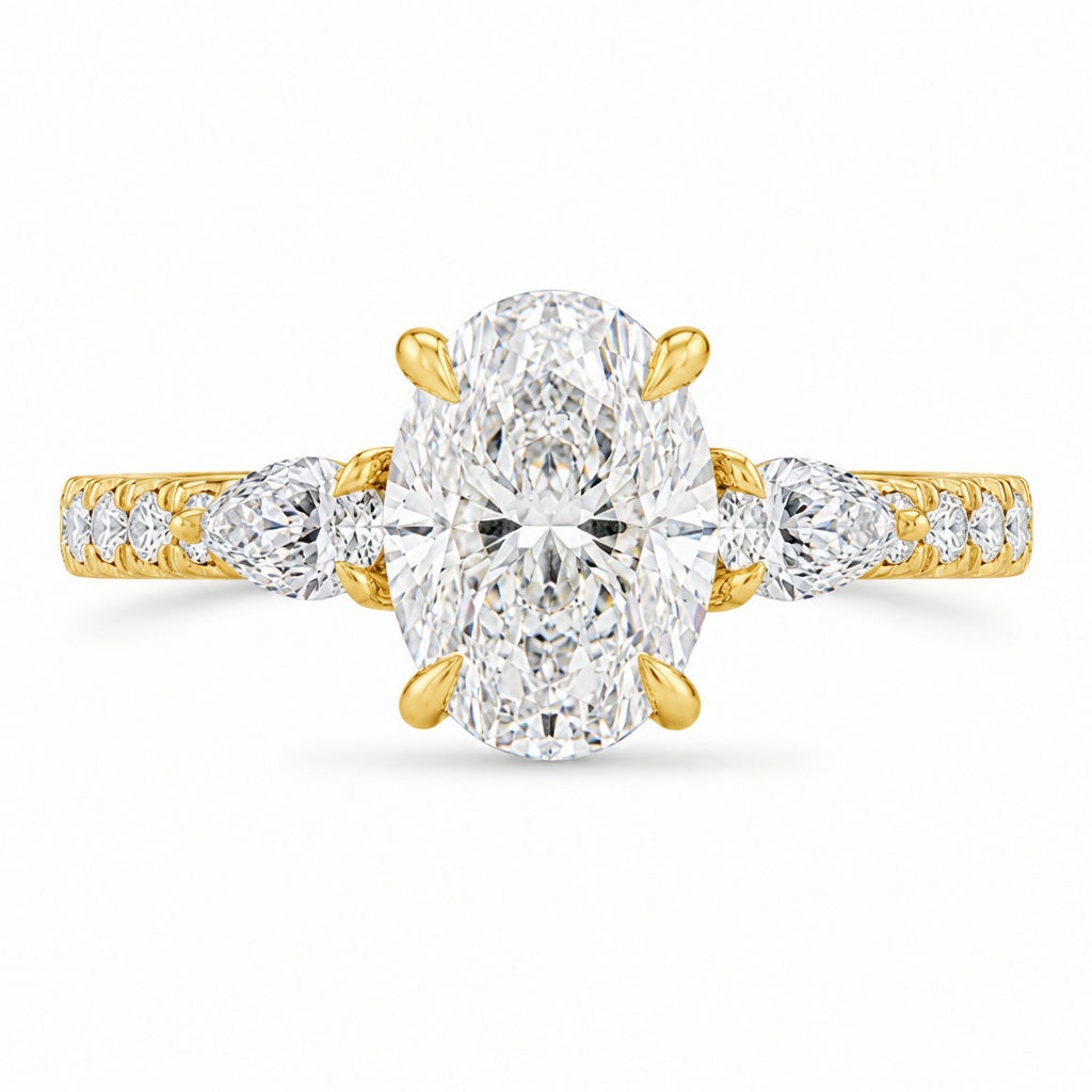 3.00 CT Oval Lab-Grown Diamond Three-Stone Engagement Ring in 14K White Gold – Pear Side Stone Pavé Trilogy Design