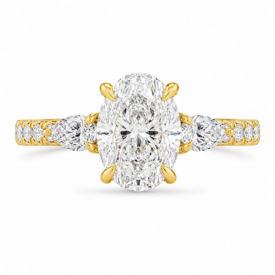 3.00 CT Oval Lab-Grown Diamond Three-Stone Engagement Ring in 14K White Gold – Pear Side Stone Pavé Trilogy Design