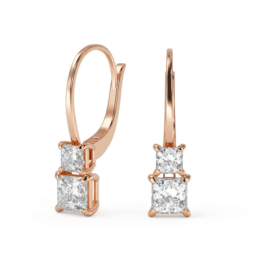 2 Ct Princess Cut 6 Prong Diamond Earrings VS1 D Leverback White Gold