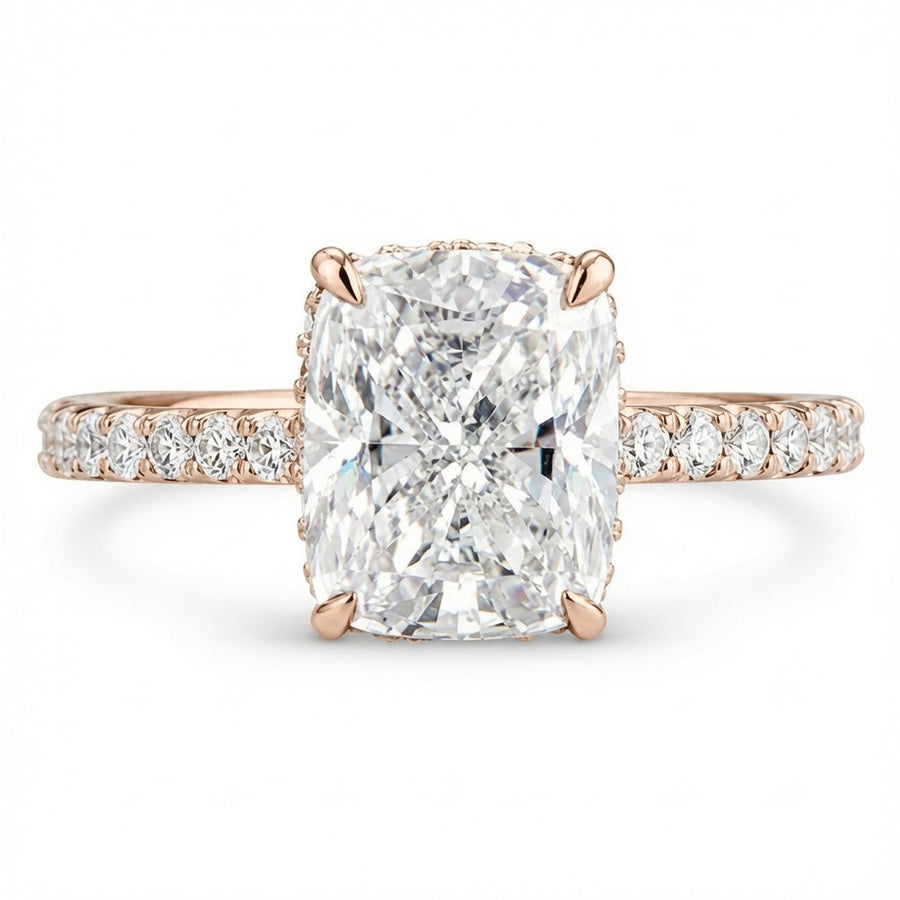 3.08 CT Cushion Cut Lab-Grown Diamond Hidden Halo Engagement Ring in 14K White Gold – Ice Crushed Bridal Design