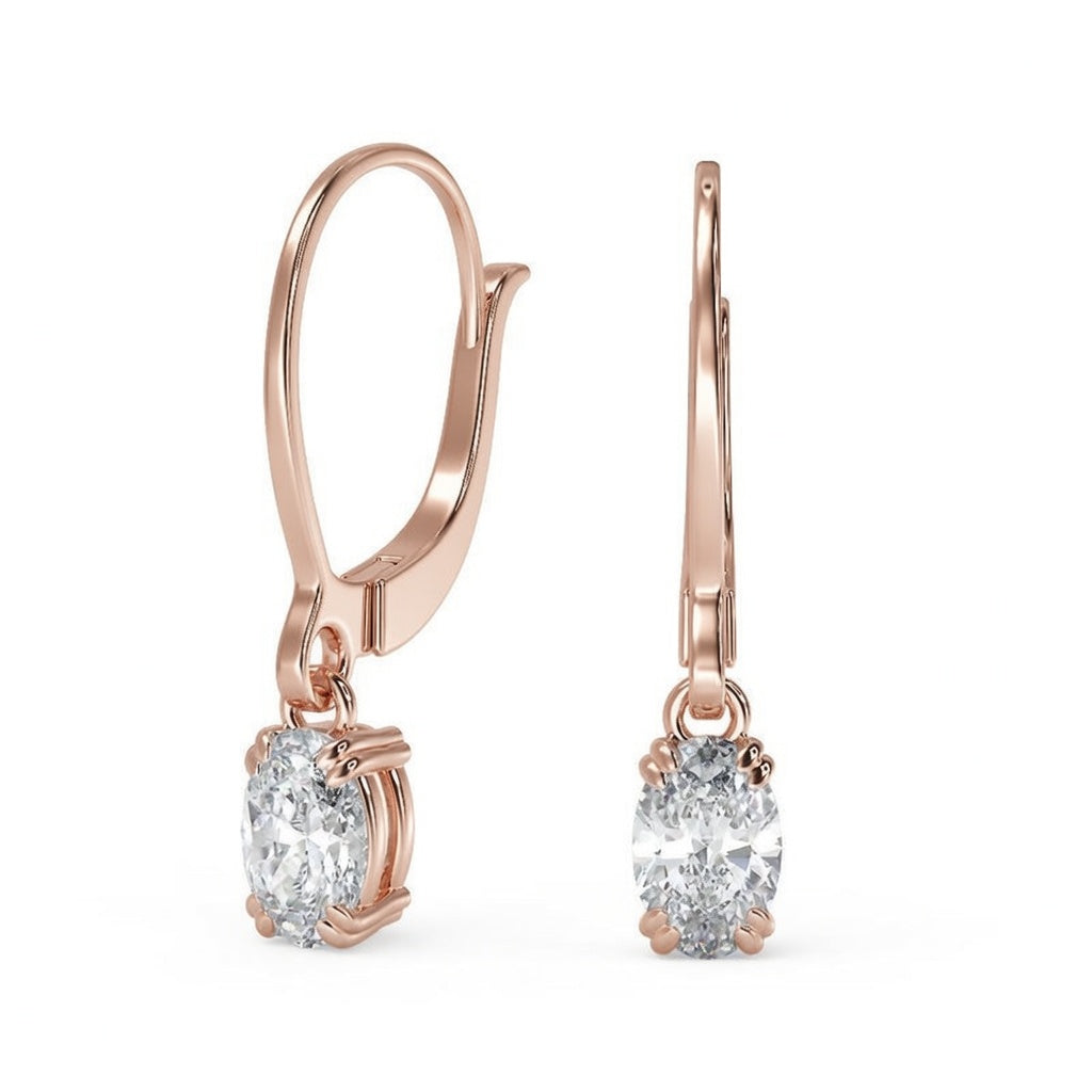 1.5 Ct Oval Cut Double Prong Diamond Earrings VS1 D Leverback 14k