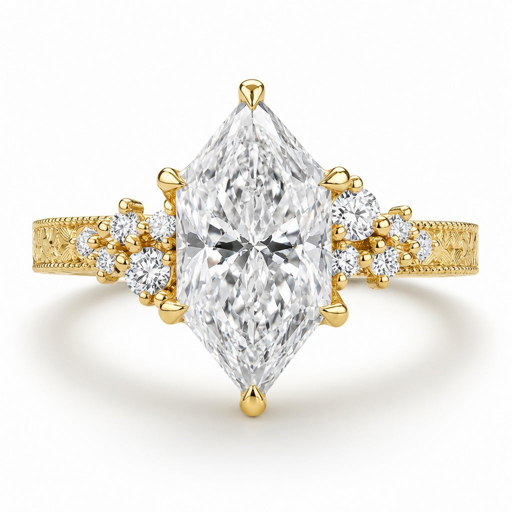 3.00 CT Vintage Inspired Dutch Marquise Lab-Grown Diamond Engagement Ring in 14K White Gold – Hand-Engraved Milgrain Floral Tulip Design