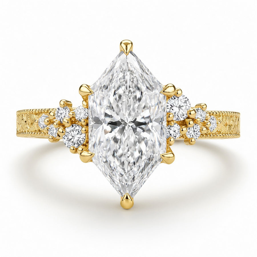 3.00 CT Vintage Inspired Dutch Marquise Lab-Grown Diamond Engagement Ring in 14K White Gold – Hand-Engraved Milgrain Floral Tulip Design