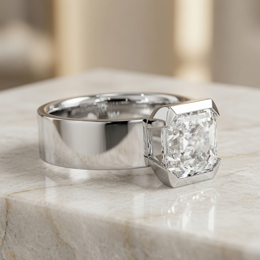 2.00 CT Asscher Cut Lab-Grown Diamond Solitaire Engagement Ring in 14K White Gold – Bezel Set Wide Band Design