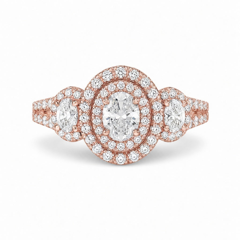 2.20 CT Oval Cut Lab-Grown Diamond Double Halo Engagement Ring in 14K White Gold – Split Shank Bridal Design