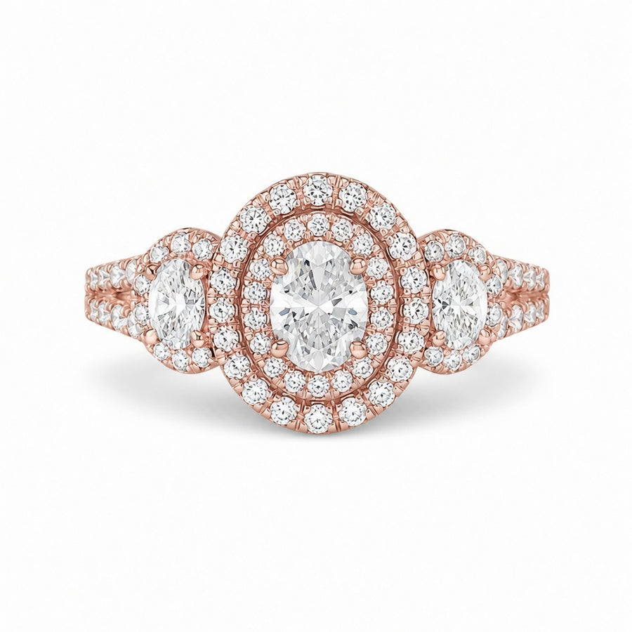 2.20 CT Oval Cut Lab-Grown Diamond Double Halo Engagement Ring in 14K White Gold – Split Shank Bridal Design