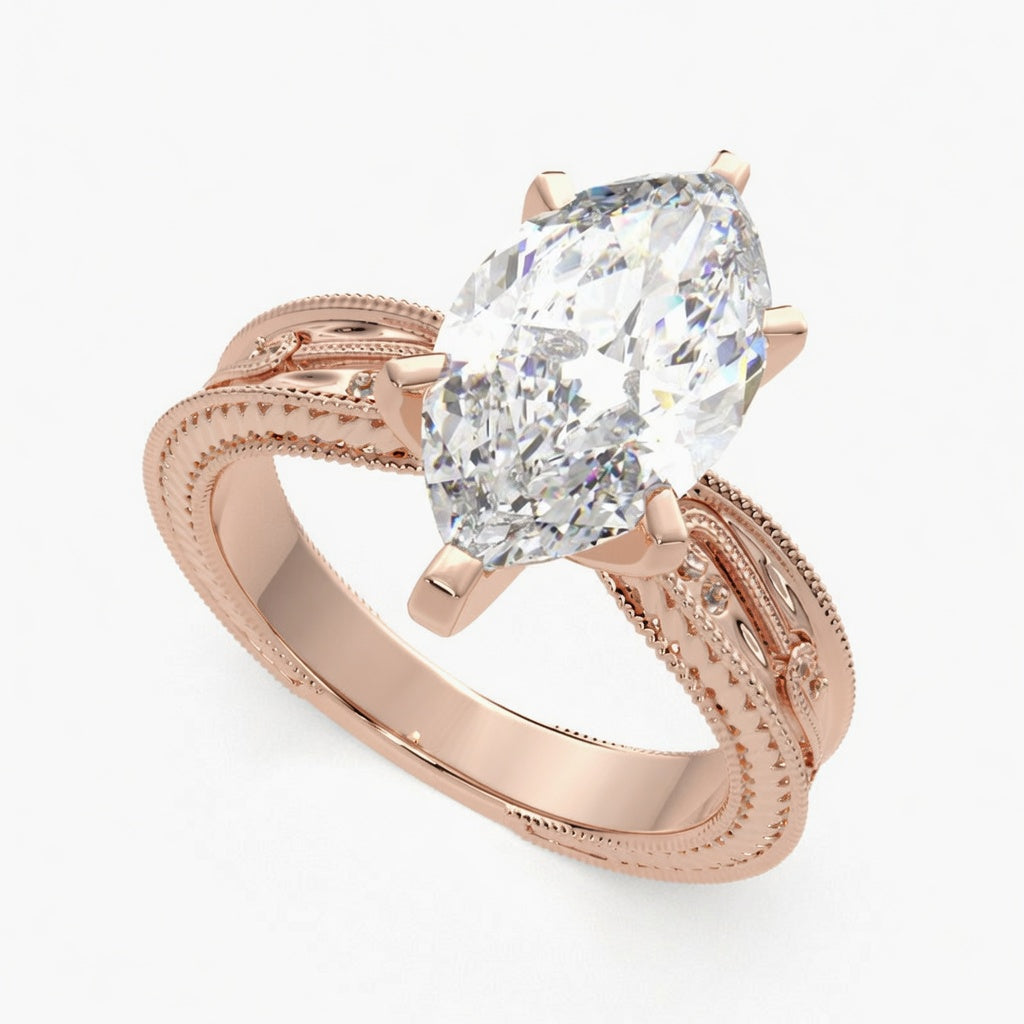 Sabrina 2 Carat Marquise Cut Solitaire Hand Engraved Milgrain Engagement Ring