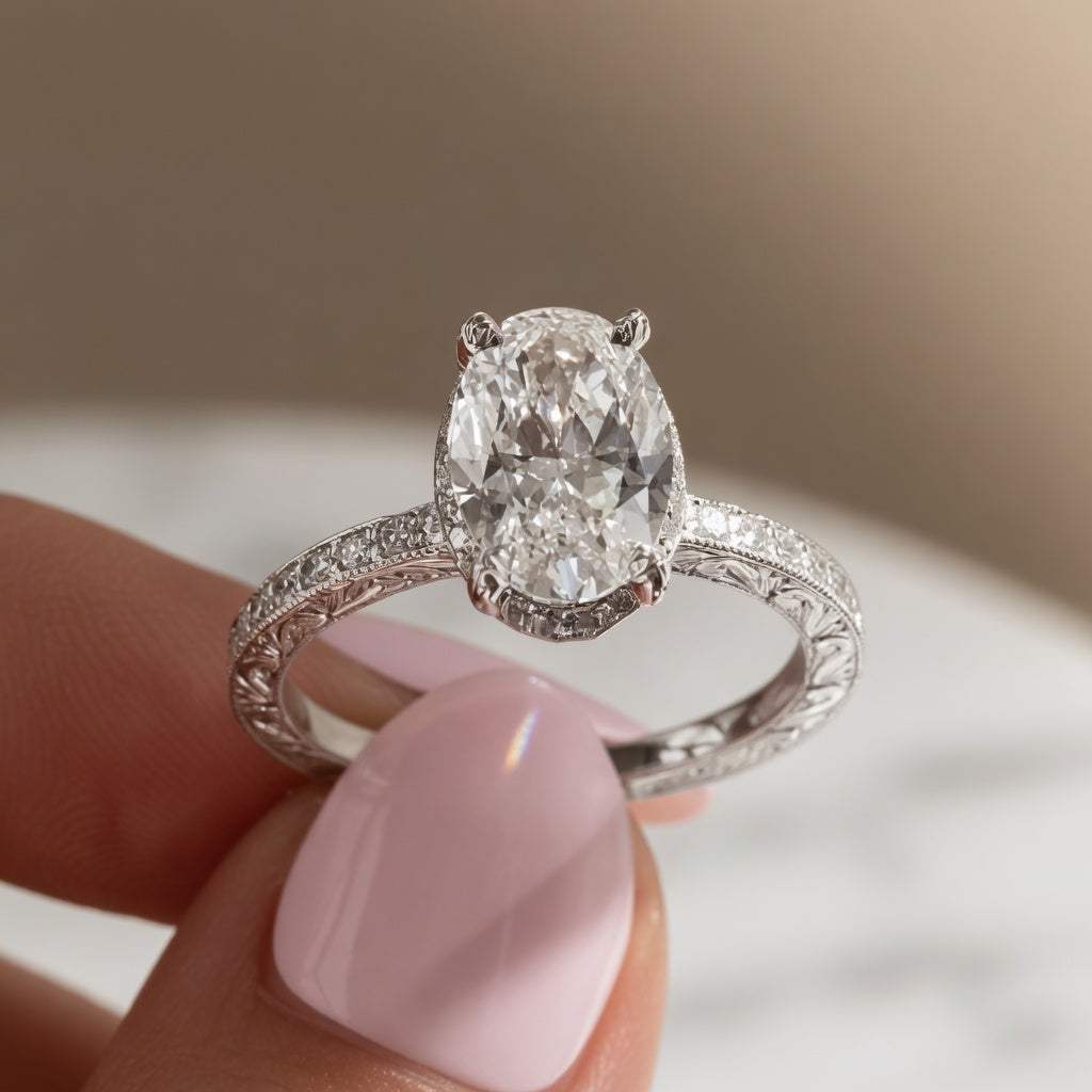 2.00 CT Oval Lab-Grown Diamond Vintage Engagement Ring in 14K White Gold – Hand-Engraved Art Deco Hidden Halo Design