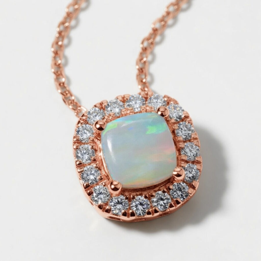 1.00 CTW Cushion Cut Created Opal and Round Lab-Grown Diamond Halo Pendant with Adjustable Chain (D–F / VS1–VS2)