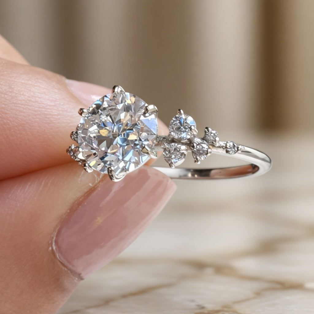2.00 CT Radiant Cut Lab-Grown Diamond Three-Stone Engagement Ring in 14K White Gold – Cluster Side Stone Bridal Design