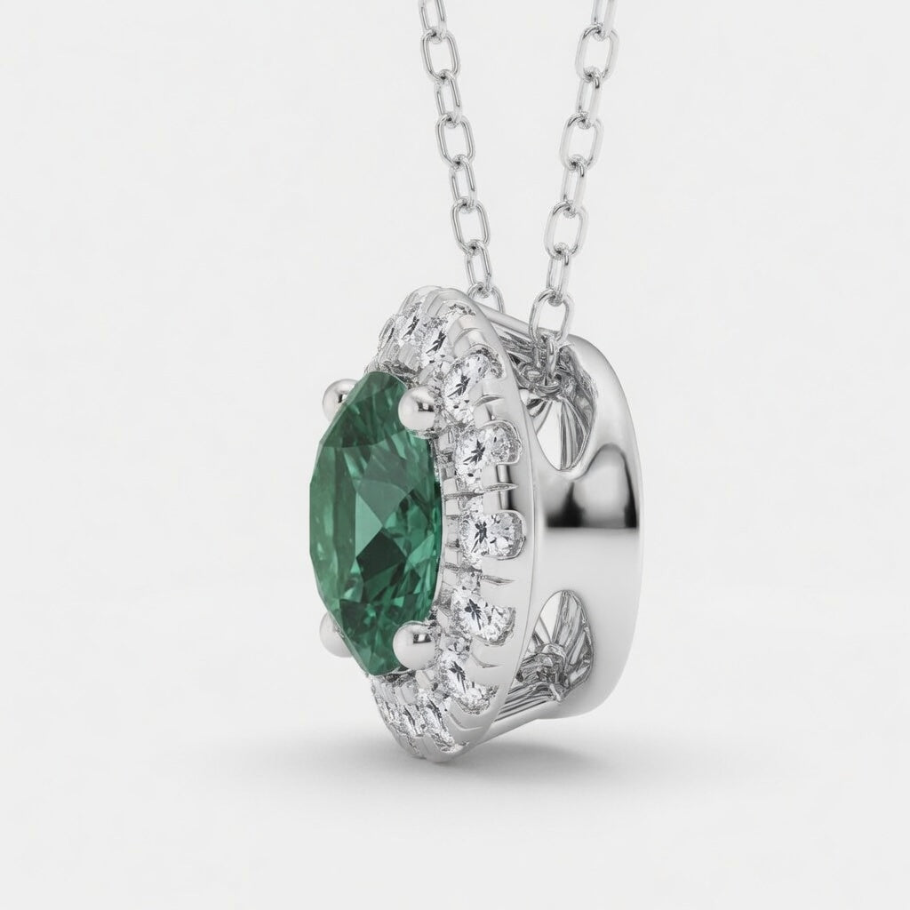 1.00 CTW Round Created Emerald and Lab-Grown Diamond Halo Pendant with Adjustable Chain (D–F / VS1–VS2)
