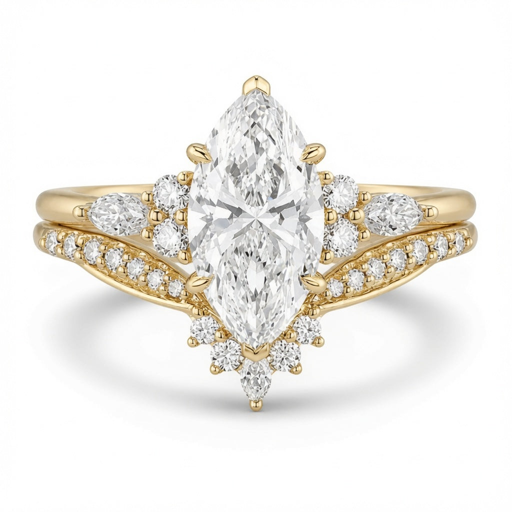 2.75 CT Marquise Lab-Grown Diamond 2PCS Bridal Set in 14K White Gold – Cluster V-Prong Filigree Wedding Ring Design
