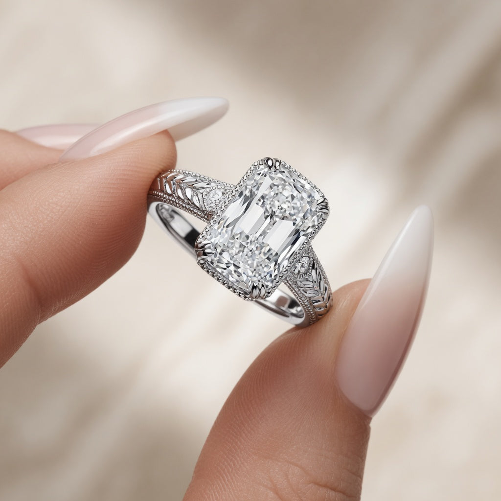 3.50 CT Vintage Inspired Criss Cut Lab-Grown Diamond Engagement Ring in 14K White Gold – Hand-Engraved Art Deco Cathedral Design